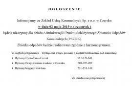 <b>Zakład Usług Komunalnych Sp.<br> z o.o. w Czersku  w dniu 02 maja 2019 r. ( czwartek )  będzie nieczynny<br> dla działu Administracji i PSZOK</b>